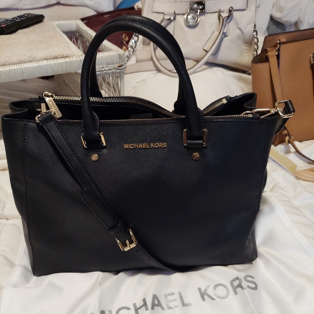 MICHAEL Michael Kors Black Saffiano Leather Satchel with Gold Hardware